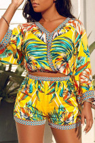 Yellow Sexy Print Patchwork V Neck Three Quarter Two Pieces