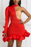Red Sexy Single Shoulder Long Sleeve Ruffled Dress