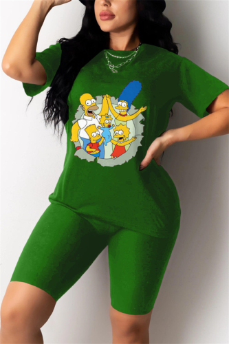 Green Fashion Cartoon Printed T-shirt Shorts Set