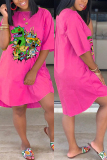Pink Fashion Casual Cartoon Printed Dress