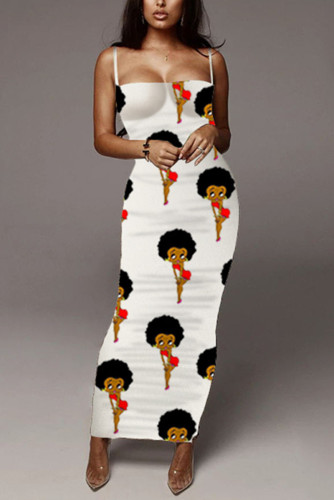 White Sexy Fashion Printed Sling Long Dress