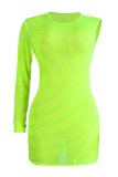 Fluorescent green Sexy Cap Sleeve Short Sleeves O neck A-Line Knee-Length Solid perspective Club Dresses