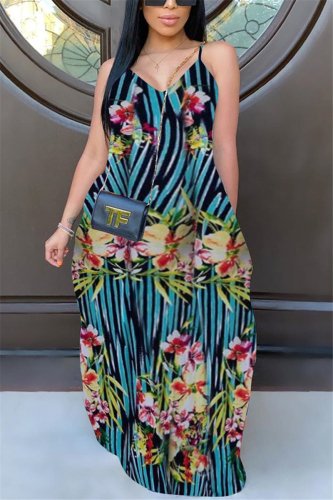 Blue Sexy Fashion Print Sling Loose Dress
