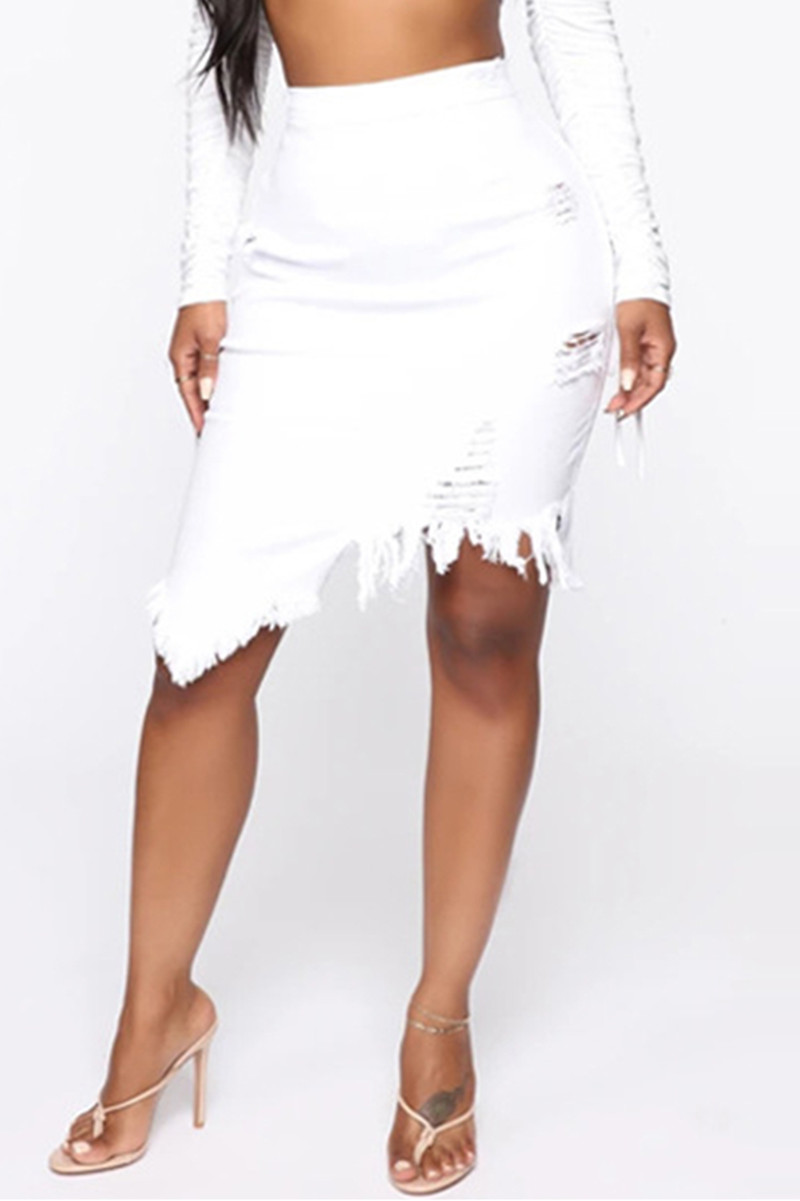 White Sexy Fashion Ripped Denim Bag Hip Skirt