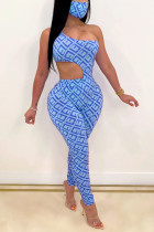 Light Blue Sexy Fashion Printed Tights Romper Trousers Set