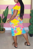 Multicolor Rainbow Color Casual Printed Short-sleeved Midi Dress