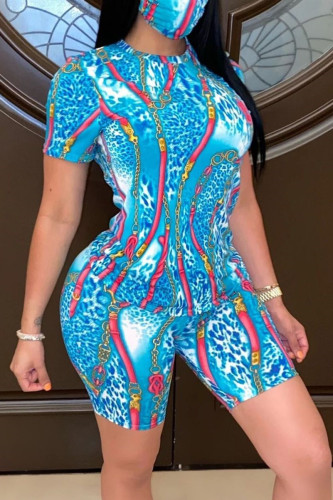 Blue Fashion Casual Printed T-shirt Shorts Set