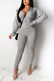 Grey Casual adult Fashion Zippered Patchwork Two Piece Suits Print pencil Long Sleeve Two-piec