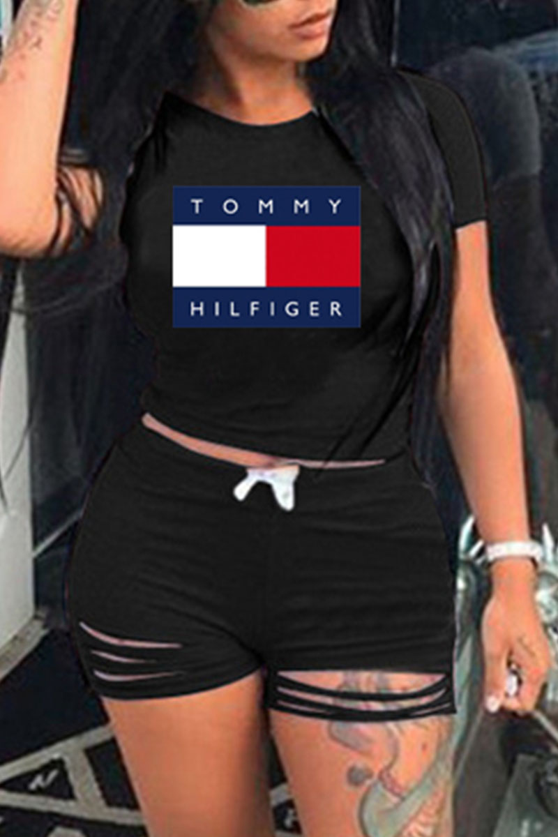

Black Fashion Street Letter Split Joint O Neck Short Sleeve Two Pieces