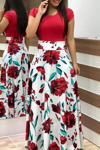 Red Fashion Print Short Sleeve Dress