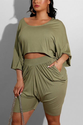 OliveGreen Fashion Short Sleeve Top Shorts Set
