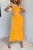 Yellow Sexy Fashion Sling Top Skirt Fitted Set