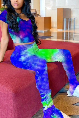 Blue Fashion Casual Tie-dye Printed Two-piece Set