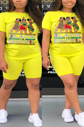 Yellow Fashion Casual Printed Short Sleeve Plus Size Set