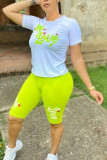 Fluorescent green Fashion Casual Printed Short Sleeve Shorts Set