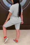Grey Fashion Casual Printed Short Sleeve Shorts Set