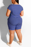 Blue Fashion Casual Striped Plus Size Two-piece Set