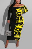 Yellow Sexy Fashion adult Off The Shoulder Long Sleeves One word collar Step Skirt Mid-Calf Patch