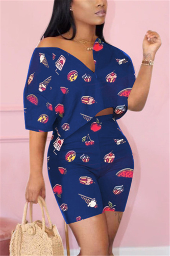Royal blue Fashion Casual Printed T-shirt Shorts Set