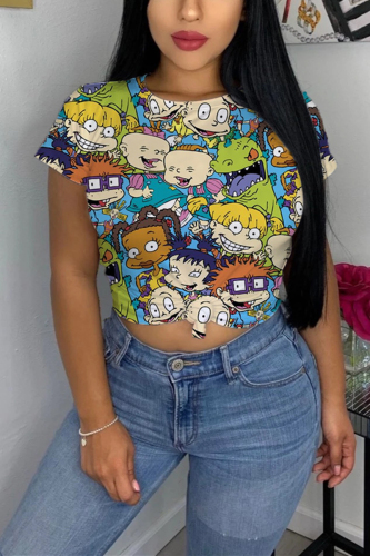 Blue Fashion Casual Printed Short-sleeved T-shirt Top