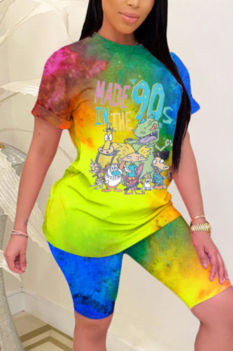 Yellow Fashion Casual Printed Short-sleeved Shorts Two-piece Set