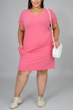 Rose Red Fashion Casual Short Sleeve Plus Size Dress
