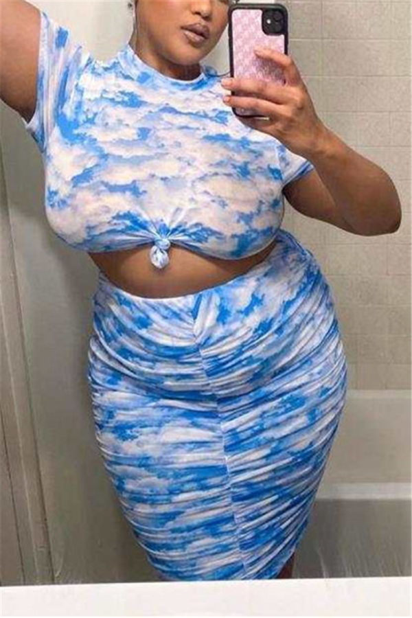 Blue Fashion Printed T-shirt Skirt Plus Size Set