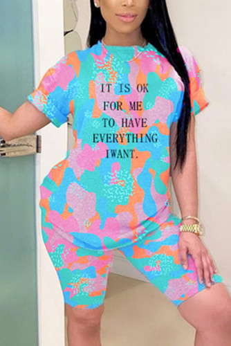 Pink Fashion Casual Printed Short Sleeve Shorts Set