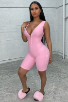 Pink Sexy Fashion zipper Patchwork Solid Sleeveless V Neck Rompers