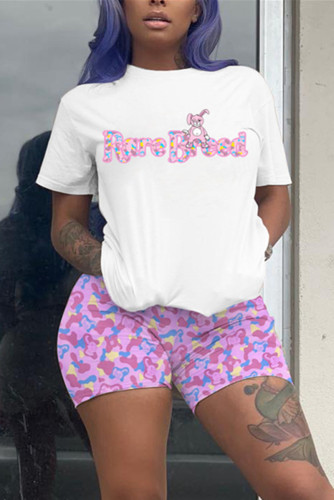 Pink Fashion Casual Printed Short Sleeve Shorts Set