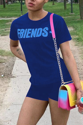 Royal blue Fashion Casual Printed Short Sleeve Shorts Set