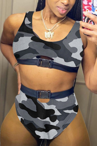 Grey Sexy Fashion Printed Swimsuit Two-piece Set