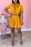 Yellow Sexy Short Sleeve Short Skirt Set (Without Belt)