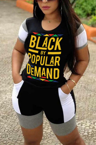 Black Fashion Casual Printed T-shirt Shorts Set