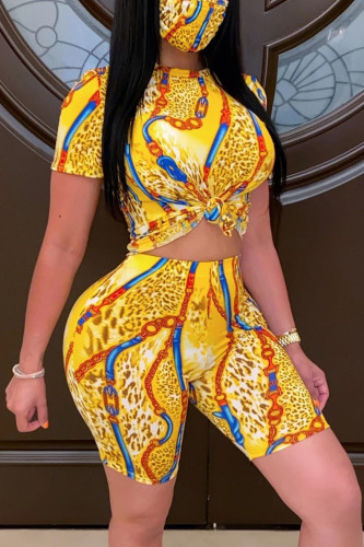 Yellow Fashion Casual Printed T-shirt Shorts Set