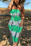 Green Sexy Gradient Print Off Shoulder Dress