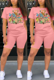 Pink Fashion Casual Cartoon Printed T-shirt Shorts Set