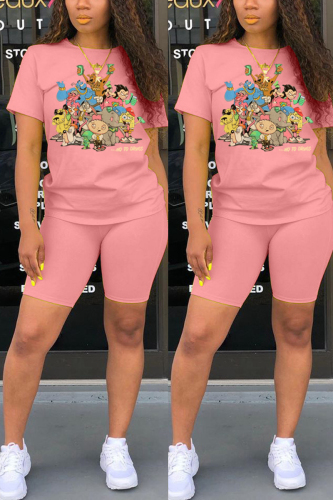 Pink Fashion Casual Cartoon Printed T-shirt Shorts Set