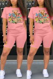 Rose Red Fashion Casual Cartoon Printed T-shirt Shorts Set