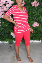 Red Fashion Casual Striped Print T-shirt Pants Set