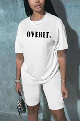 White Fashion adult Active Letter Print Two Piece Suits Patchwork Straight Short Sleeve Two-Pie