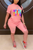 Pink Fashion Casual Letter Printed T-shirt Shorts Set