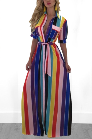 Multicolor Fashion Lace Print Shirt Dress