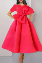 Rose Red Fashion Solid Split Joint With Bow Oblique Collar Evening Dress