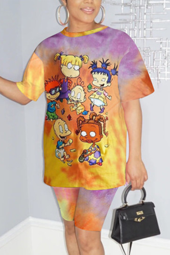 Orange Fashion Casual Printed Short-sleeved T-shirt Set