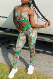 Green Fashion Print Vest Trousers Sports Set