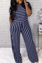 Blue Fashion Casual Striped Printed Jumpsuit