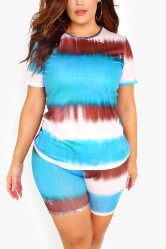 Light Blue Fashion Casual Printed Short Sleeve Shorts Set