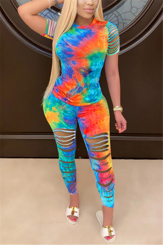 Blue Fashion Casual Printed Two-piece Set