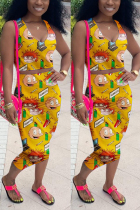 Yellow Fashion Sexy Printed Sleeveless Top Skirt Set